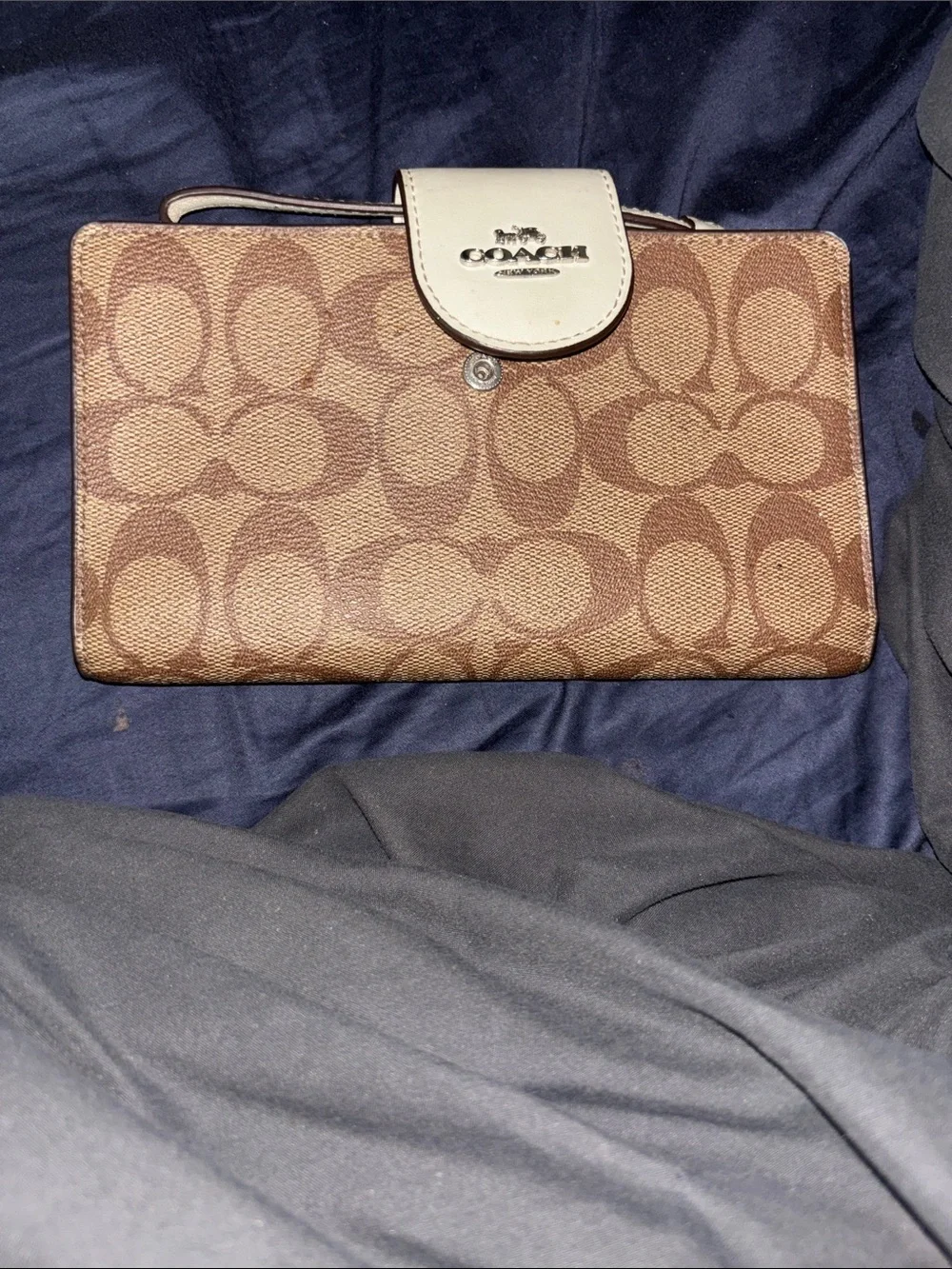 Coach Brown Signature Canvas Wristlet with Cream Snap Tab